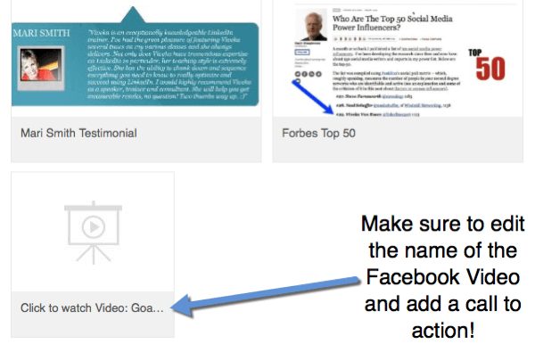 Ko v svoj profil dodate povezave do videoposnetka Facebook, uredite naslov in vključite poziv k dejanju za ogled videoposnetka.