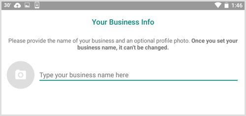 Vnesite ime podjetja na zaslon Your Business Info v WhatsApp Business