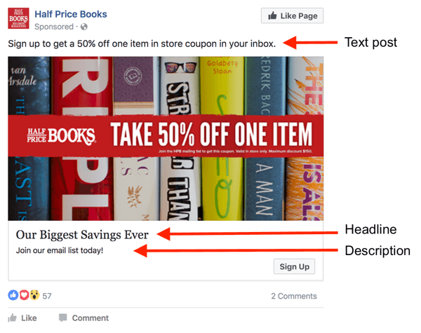 V oglasu na Facebooku obstajajo tri področja za besedilo.