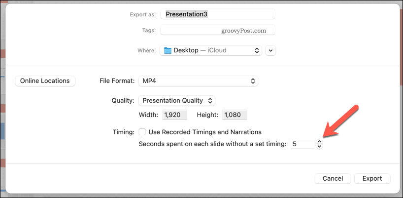 Uporaba ročnih meritev časa za izvoženi video v PowerPointu na Macu