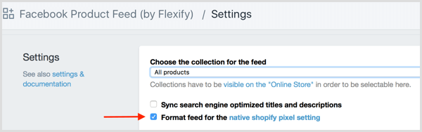 Potrdite polje Format Feed for Native Shopify Pixel Setting v Shopify.