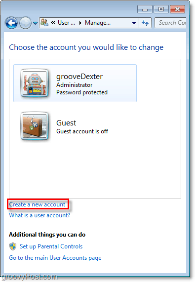 na strani za pregled računov Windows 7 uporabite povezavo za ustvarjanje novega računa