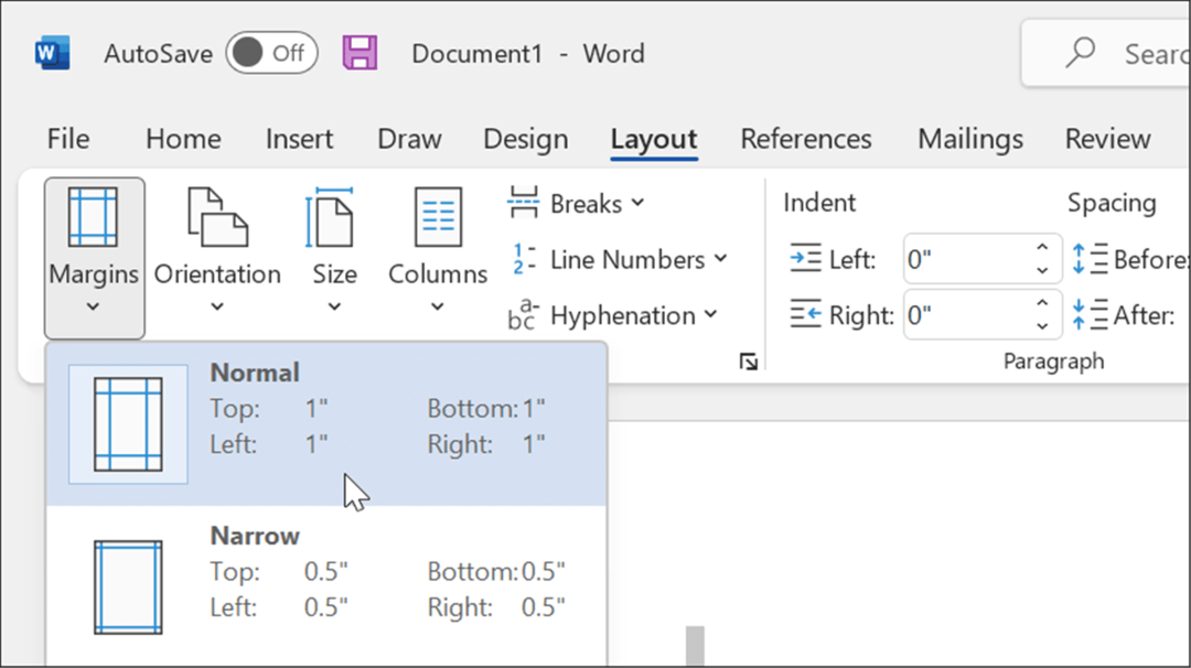 postavitev Margins format apa slog v microsoft word