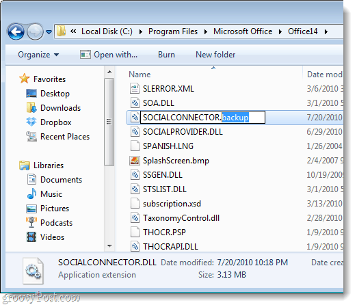 izbrisati ali preimenovati družabni konektor .dll za Outlook 2010