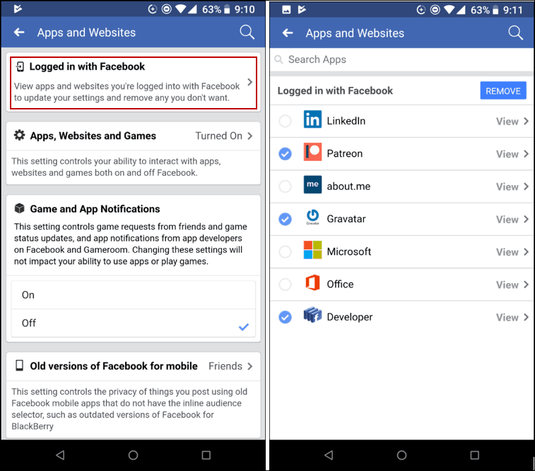 Odstranite aplikacije Facebook Mobile