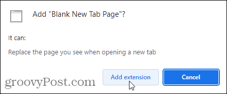 Kliknite Dodaj razširitev, da v Chrome dodate razširitev Prazna stran novega zavihka
