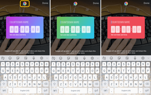 Kako uporabljati nalepko Instagram Countdown za podjetja, korak 5 možnosti barv nalepke za odštevanje.