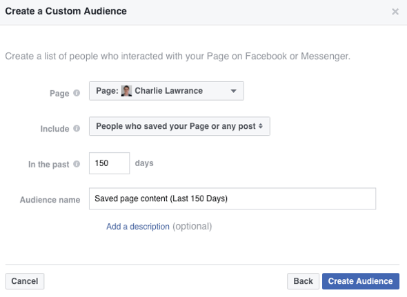 Ustvarite občinstvo po meri ljudi, ki so shranili vašo Facebook stran ali objavo.
