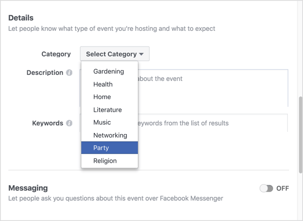 Izberite kategorijo, ki najbolje opisuje vaš virtualni Facebook dogodek.