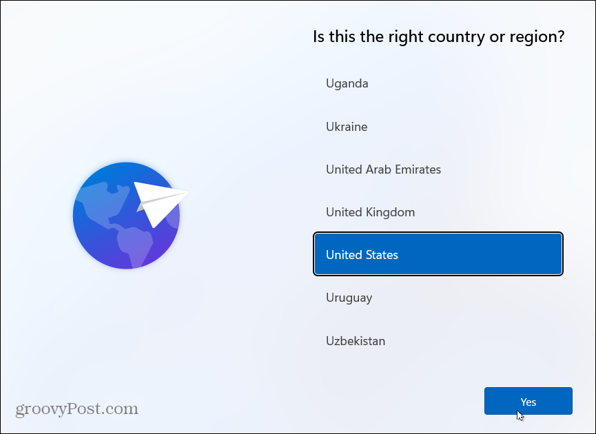 Izberite državo Namestite Windows 11