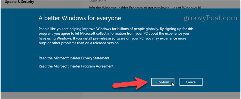 Potrdite prijavo na program Windows Insider