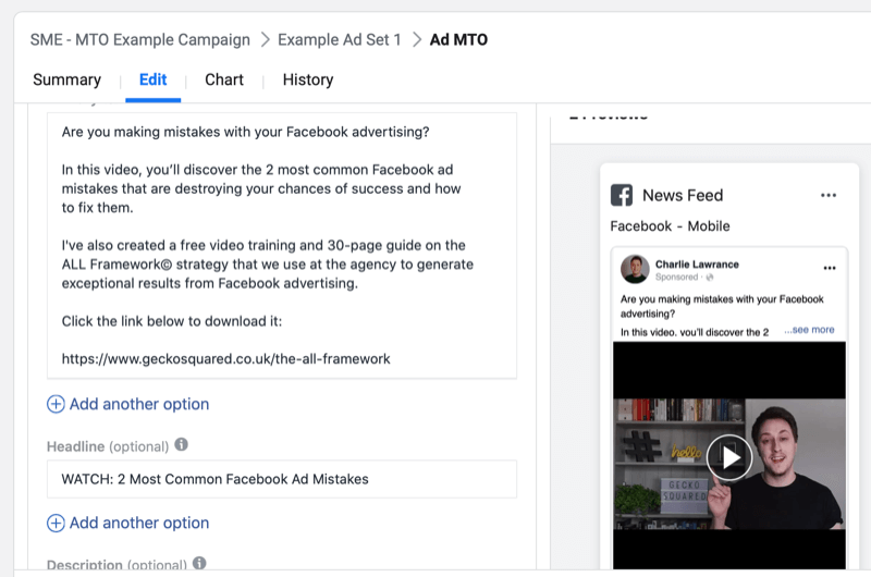 korak za korakom za ustvarjanje Facebook kampanje z več besedilnimi možnostmi