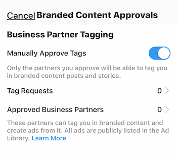 Nastavitve odobritve vsebine blagovne znamke Instagram za poslovni profil