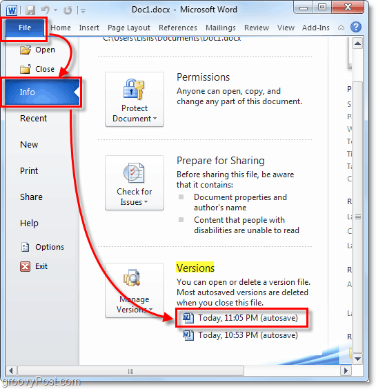 samodejno shranjena različica se vrne v Outlook 2010
