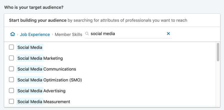 rezultati iskanja „socialnih medijev“ za ciljanje na spretnosti članov LinkedIn