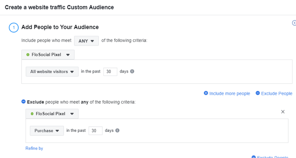 Uporabite orodje za nastavitev dogodka Facebook, korak 15, nastavitve, da ustvarite občinstvo po meri obiska na spletnem mestu, brez nakupov v zadnjih 30 dneh