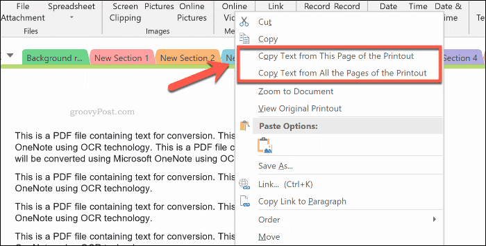 Kopiranje besedila iz izpisa strani v OneNote