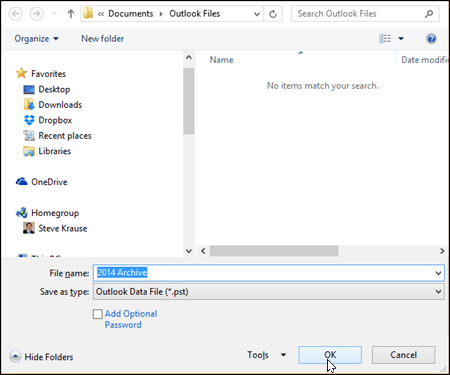 Outlook 2016 - Izberite ime in lokacijo datoteke PST