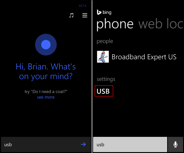 Cortana Iskanje USB