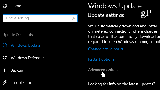 Napredne nastavitve posodobitve sistema Windows 10