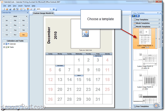 Tiskanje koledarjev s prekrivanjem s programom Office 2010