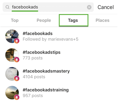 Kako strateško razvijati svoj Instagram po 9. koraku, poiskati ustrezne hashtagove, na primer poiskati "facebookads"