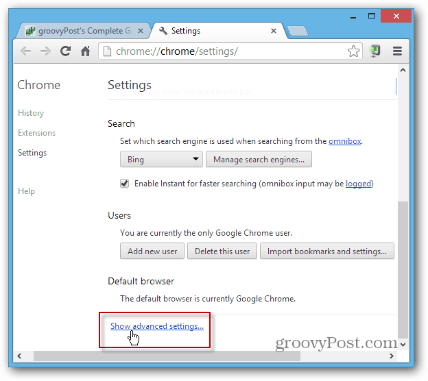 Chrome Prikaži dodatne nastavitve