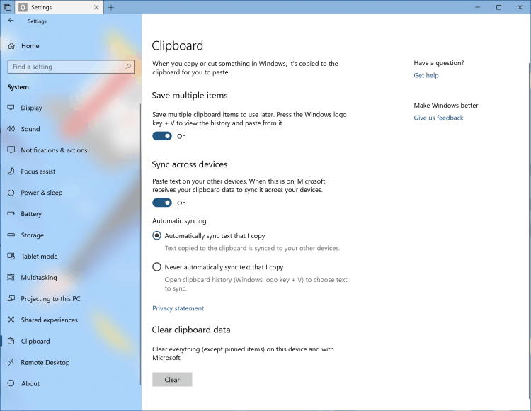 Odložišče v oblaku Windows 10 RS5
