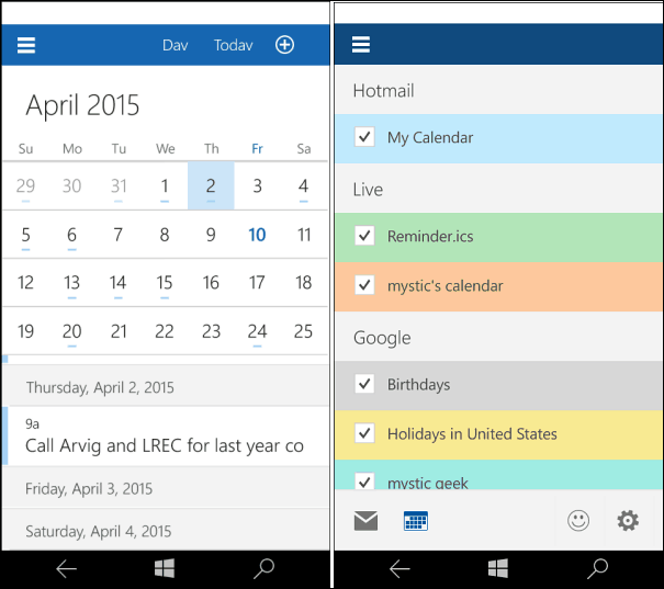 Windows 10 za koledar telefonov