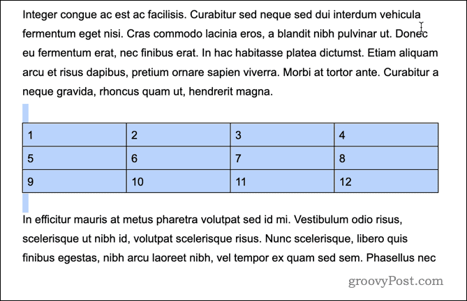 Primer premaknjene tabele v Google Dokumentih