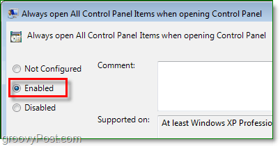 omogoči možnost za vedno odpiranje vseh elementov nadzorne plošče v operacijskem sistemu Windows 7