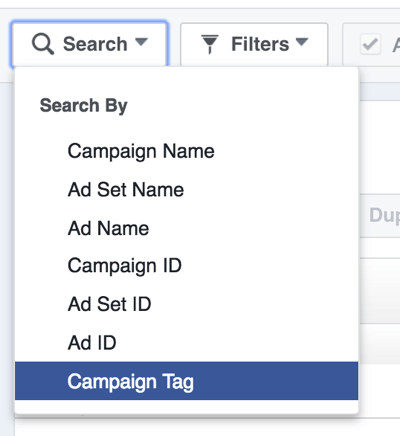 Poiščite oglaševalske akcije na Facebooku po oznakah.