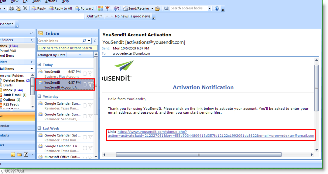 YouSendIt aktivacijsko povezavo v Outlooku