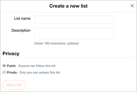 To je posnetek zaslona pogovornega okna Ustvari nov seznam v Twitterju. Na vrhu sta dve polji z besedilom za izpolnjevanje imena in opisa seznama. V področju zasebnosti sta dva izbirna gumba: javni in zasebni. Pod možnostmi zasebnosti se prikaže gumb Shrani seznam.