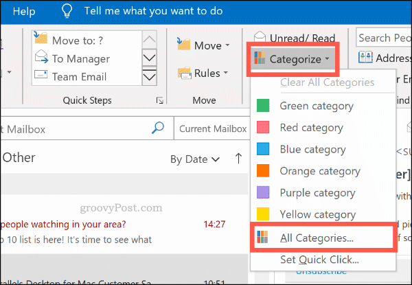 Meni kategorizacije barvnih kategorij v Outlooku