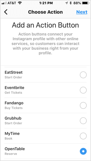 Izberite gumb za dejanje, da ga dodate v svoj poslovni profil v Instagramu.