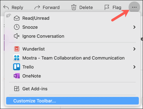Oglejte si več elementov, prilagodite orodno vrstico v Outlooku na Macu