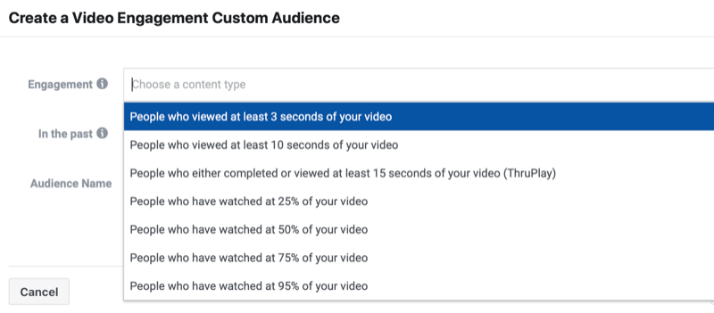 facebook video angažiranje po meri občinstvo ustvari meni, ki prikazuje več možnosti ljudi, ki so si ogledali vsaj nekaj sekund do 25%, 50%, 75% in 95% ali gledali do konca