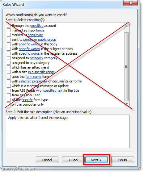 ne izberite nobenih pogojev za poslana e-poštna sporočila Outlook 2010