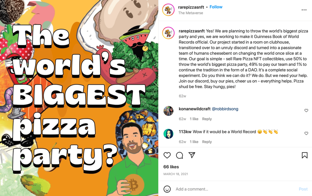 rarepizzasnft objava na instagramu