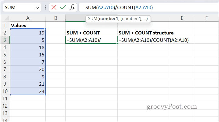 Izračun povprečij z uporabo SUMCOUNT v Excelu