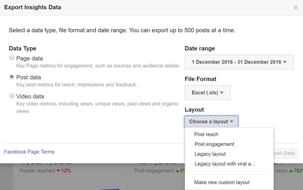 Pri izvozu postavke Facebook Post Data Insights izberite postavitev.