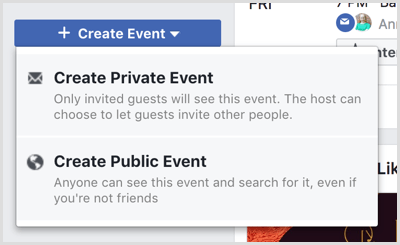Na strani s Facebook dogodki ustvarite možnosti spustnega seznama dogodkov