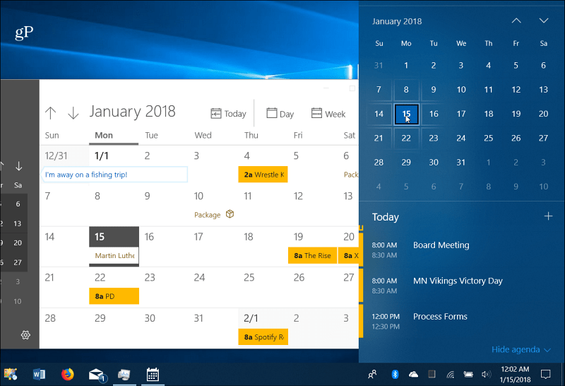 Koledar Dogodki Windows 10 opravilna vrstica