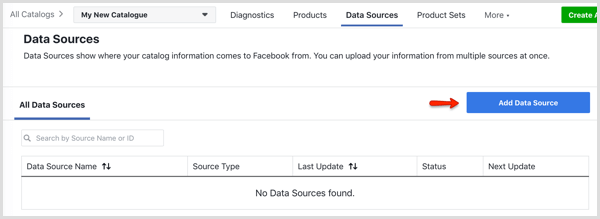 Gumb Dodaj vir podatkov na zavihku Viri podatkov v upravitelju katalogov Facebook