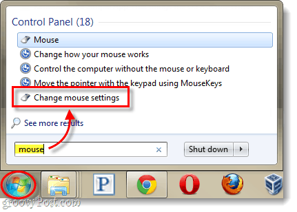 Windows start menu nastavitve miške