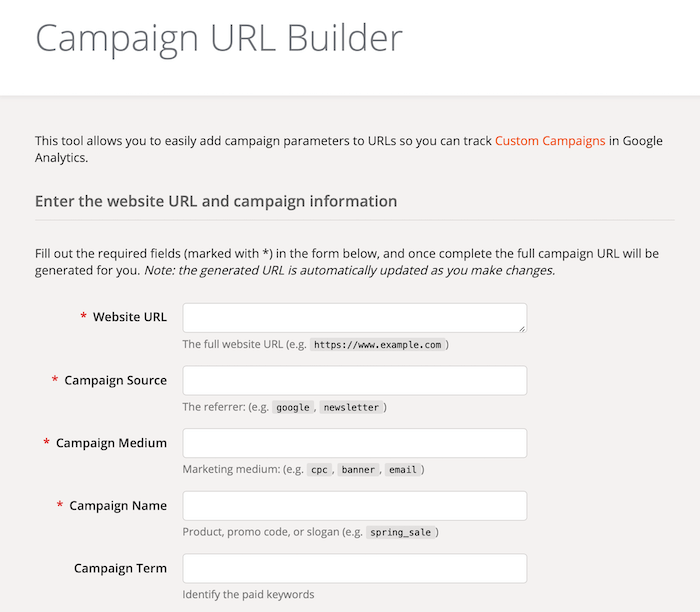 Polja obrazca za Google Analytics Campaign URL Builder