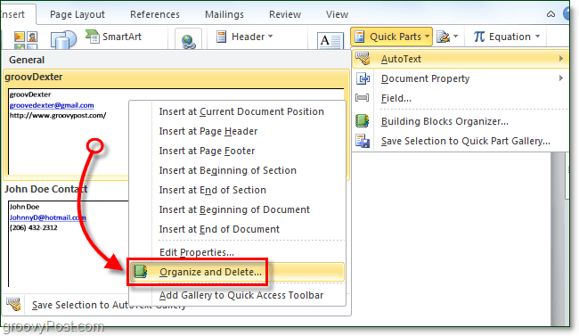 Navodila za uporabo za uporabo hitrih delov samodejnega besedila v programu Office 2010