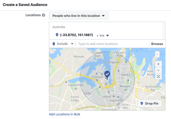 Kako promovirati svoj dogodek v živo na Facebooku, 5. korak, možnost ustvarjanja shranjene publike glede na lokacijo dogodka