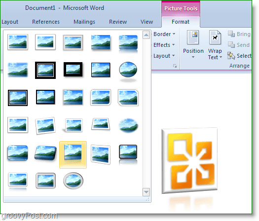trak format slikovnih orodij v besedi 2010 ima veliko odličnih prednastavljenih foto efektov